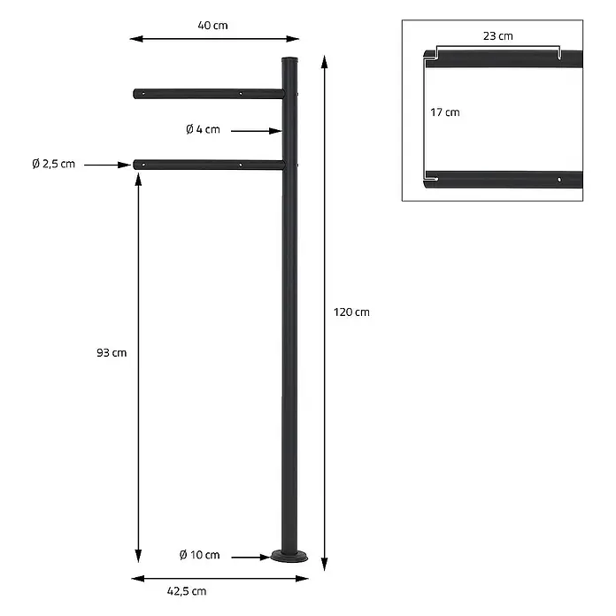 ML-Design Standbriefkasten Briefkastenanlage mit Ständer Anthrazit 120cm Mailbox mit Pfosten - L x B x H: 17 x 42,5 x 120 cm, Anthrazit, Braun, Edelstahl - Bild einer Garderobe mit Maßen, die einen detaillierten Blick auf das Design und die Abmessungen des Produkts ermöglicht.