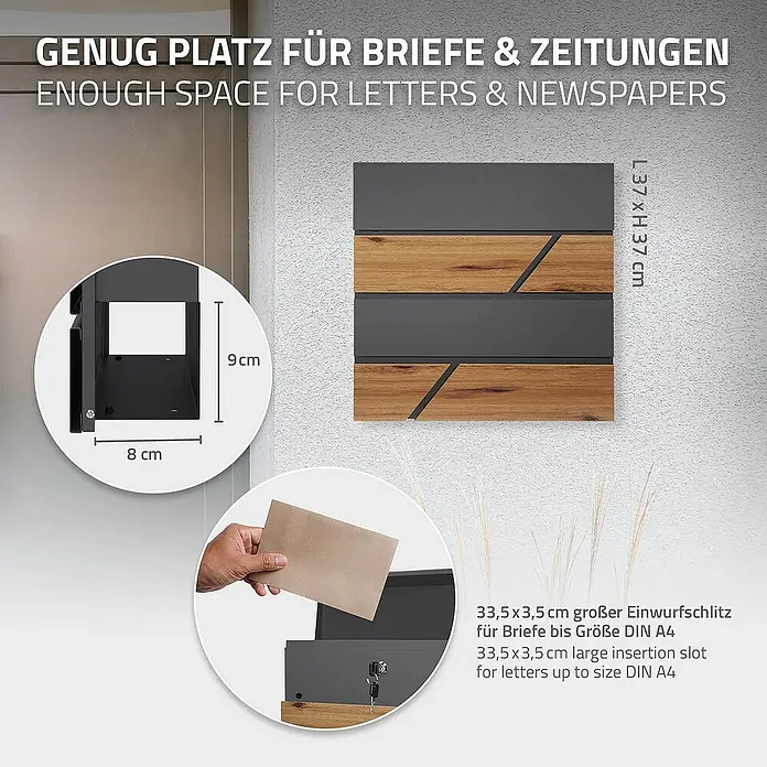 ML-Design Standbriefkasten Briefkastenanlage mit Ständer Anthrazit 120cm Mailbox mit Pfosten - L x B x H: 17 x 42,5 x 120 cm, Anthrazit, Braun, Edelstahl - Das Bild zeigt einen modernen Briefkasten in Grau und Holzoptik mit ausreichend Platz für Briefe und Zeitungen.