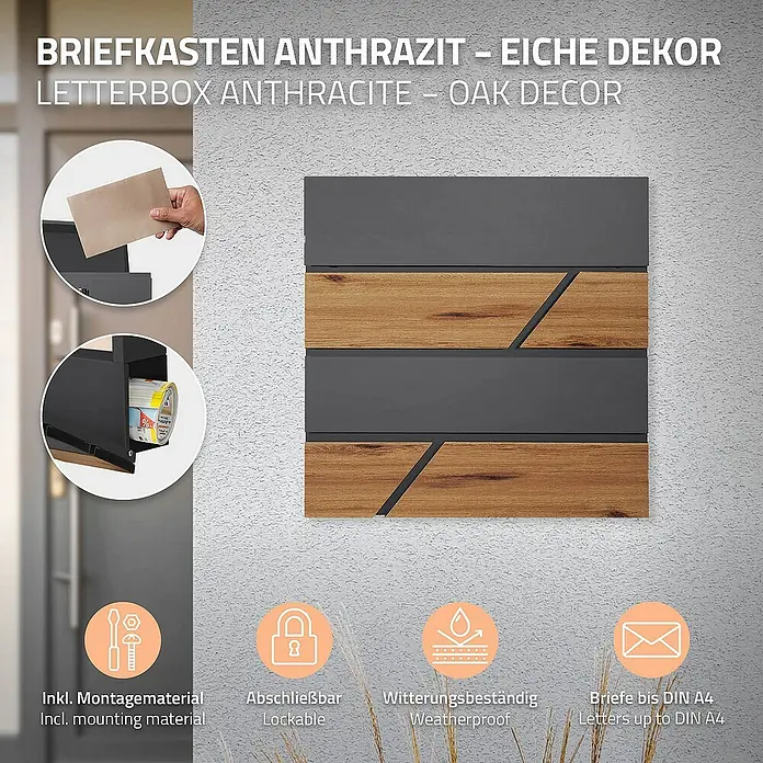 ML-Design Standbriefkasten Briefkastenanlage mit Ständer Anthrazit 120cm Mailbox mit Pfosten - L x B x H: 17,5 x 55 x 120 cm, Anthrazit, Braun, Edelstahl - Produktbild eines anthrazitfarbenen Briefkastens mit Eiche Dekor. Inkl. Montagematerial, abschließbar und witterungsbeständig.