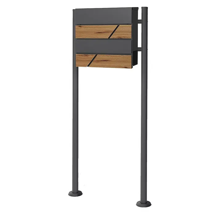 ML-Design Standbriefkasten Briefkastenanlage mit Ständer Anthrazit 120cm Mailbox mit Pfosten - L x B x H: 17,5 x 55 x 120 cm, Anthrazit, Braun, Edelstahl - Bild einer modernen Briefkastenanlage in Grau mit Holzelementen, die auf zwei grauen Metallpfosten montiert ist. Elegantes Design für den Außenbereich.