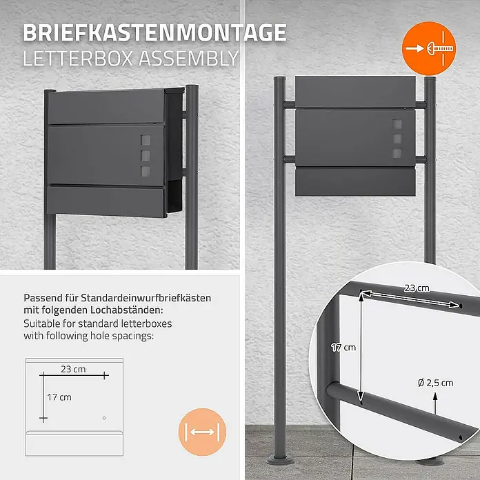 ML-Design Standbriefkasten Anthrazit rund Höhe 120 cm Freistehend Halterung für Briefkasten - L x B x H: 9 x 55 x 120 cm, Anthrazit, Edelstahl - Abbildung der Briefkastenmontage mit Maßangaben, geeignet für Standardbriefkästen.