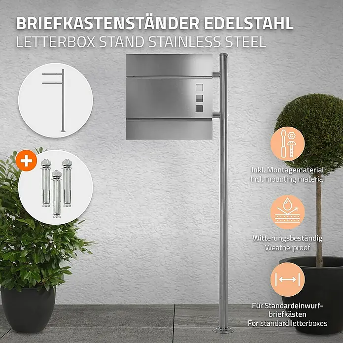ML-Design Standbriefkasten Silber rund Höhe 120 cm Freistehend Halterung für Briefkasten - L x B x H: 9 x 42,5 x 120 cm, Silber, Edelstahl - Bild eines Briefkastenständers aus Edelstahl mit Montagezubehör, wetterfest und für Standardbriefkästen geeignet.