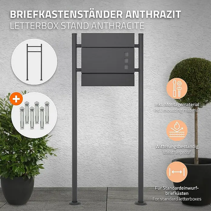 ML-Design Standbriefkasten Anthrazit rund Höhe 120 cm Freistehend Halterung für Briefkasten - L x B x H: 9 x 55 x 120 cm, Anthrazit, Edelstahl - Abbildung eines anthrazitfarbenen Briefkastenständers mit Montagezubehör, der sich für Standardbriefkästen eignet und wetterbeständig ist.