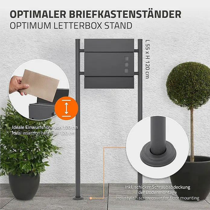 ML-Design Standbriefkasten Anthrazit rund Höhe 120 cm Freistehend Halterung für Briefkasten - L x B x H: 9 x 55 x 120 cm, Anthrazit, Edelstahl - Bild eines optimalen Briefkastenständers mit den Maßen L 55 x H 120 cm und einer idealen Einwurfhöhe von 120 cm.