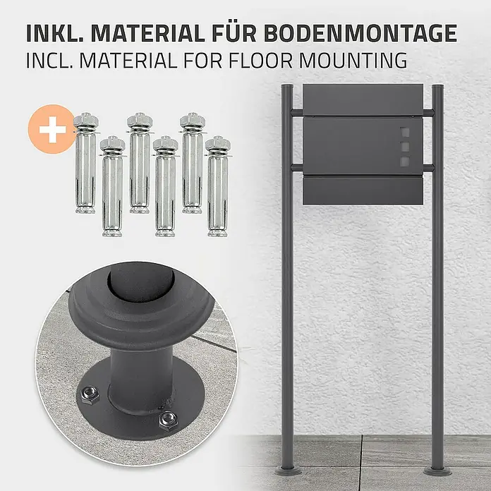 ML-Design Standbriefkasten Anthrazit rund Höhe 120 cm Freistehend Halterung für Briefkasten - L x B x H: 9 x 55 x 120 cm, Anthrazit, Edelstahl - Abbildung eines Briefkastens mit Montagematerial für die Bodenbefestigung, inklusive Schrauben und Bodenplatte zur Installation.