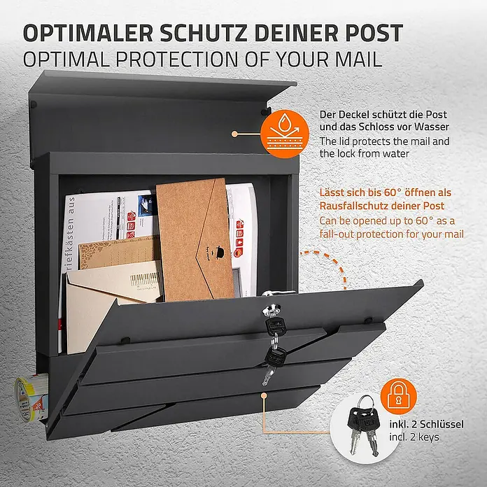 ML-Design Standbriefkasten Briefkastenanlage mit Ständer Anthrazit 120cm Mailbox mit Pfosten - L x B x H: 17 x 42,5 x 120 cm, Anthrazit, Edelstahl - Bild eines grauen Briefkastens mit geöffneter Klappe, der die Post und die dazugehörigen Schlüssel zeigt.