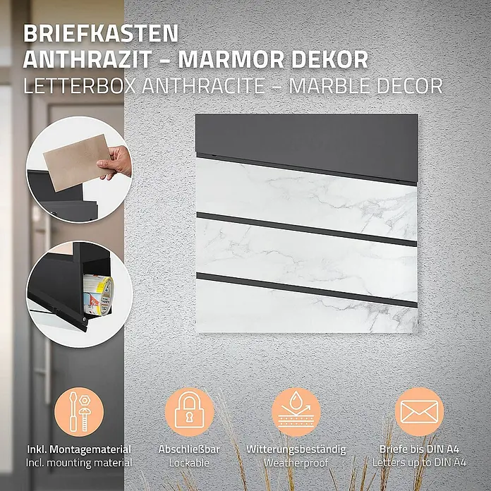 ML-Design Standbriefkasten - L x B x H: 17,5 x 55 x 120 cm, Anthrazit, Weiß, Edelstahl - Produktbild eines Briefkastens in Anthrazit mit Marmor Dekor, der wetterbeständig und abschließbar ist.