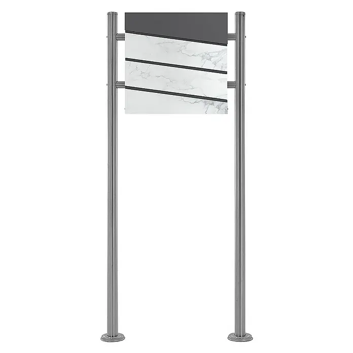 ML-Design Standbriefkasten - L x B x H: 17,5 x 55 x 120 cm, Anthrazit, Weiß, Edelstahl - Ein elegantes Hinweisschild mit Marmorstruktur und silbernen Ständern, ideal für moderne Innenräume. Das Schild bietet Platz für Beschriftungen.
