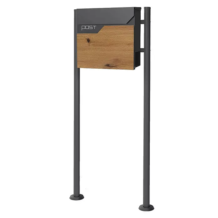 ML-Design Standbriefkasten Briefkastenanlage mit Ständer Anthrazit 120cm Mailbox mit Pfosten - L x B x H: 17 x 55 x 120 cm, Anthrazit, Braun, Edelstahl - Ein moderner Briefkasten in Anthrazit und Holzoptik mit dem Schriftzug "POST" auf zwei grauen Metallpfosten.