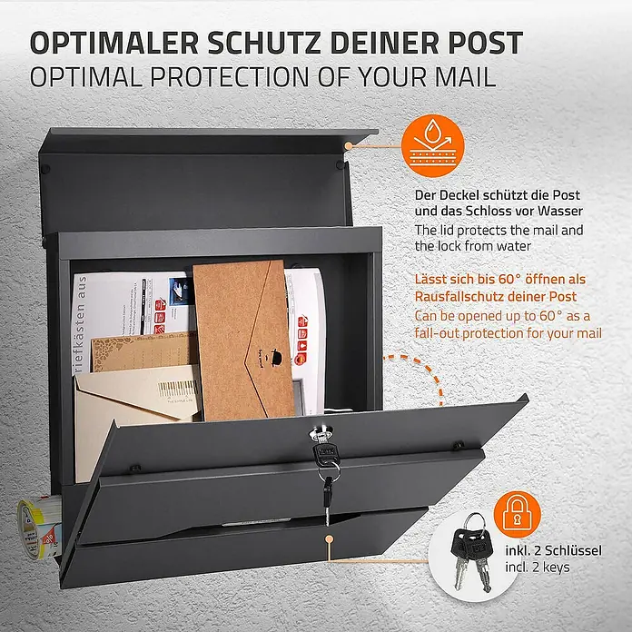 ML-Design Standbriefkasten Briefkastenanlage mit Ständer Anthrazit 120cm Mailbox mit Pfosten - L x B x H: 17 x 42,5 x 120 cm, Anthrazit, Edelstahl - Bild eines Briefkastens mit der Aufschrift "Optimaler Schutz deiner Post".
