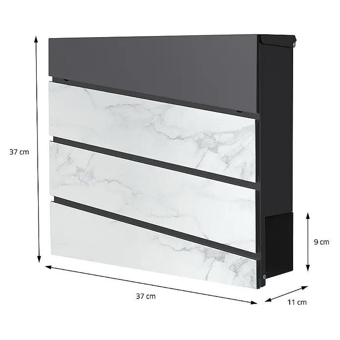 ML-Design Standbriefkasten Briefkastenanlage mit Ständer Silber 120cm Mailbox mit Pfosten - L x B x H: 17 x 42,5 x 120 cm, Anthrazit, Weiß, Silber, Edelstahl - Ansicht eines modernen Briefkastens mit Marmoroptik und anthrazitfarbenem Gehäuse mit Maßangaben.