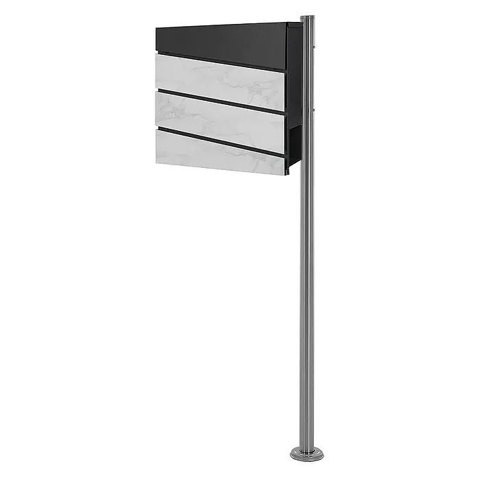 ML-Design Standbriefkasten Briefkastenanlage mit Ständer Silber 120cm Mailbox mit Pfosten - L x B x H: 17 x 42,5 x 120 cm, Anthrazit, Weiß, Silber, Edelstahl - Elegantes Briefkastensystem in Grau und Weiß mit Marmorstruktur, montiert auf einem schlanken Edelstahlpfosten für moderne Hausfassaden.