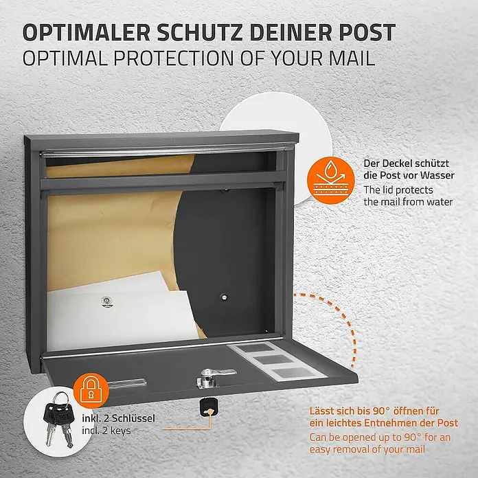 ML-Design Standbriefkasten Briefkastenanlage mit Ständer Anthrazit 120cm Mailbox mit Pfosten - L x B x H: 18 x 42,5 x 120 cm, Anthrazit, Edelstahl - Abbildung eines Briefkastens mit den wichtigsten Produkteigenschaften, wie Schutz vor Wasser und einfacher Entnahme der Post.