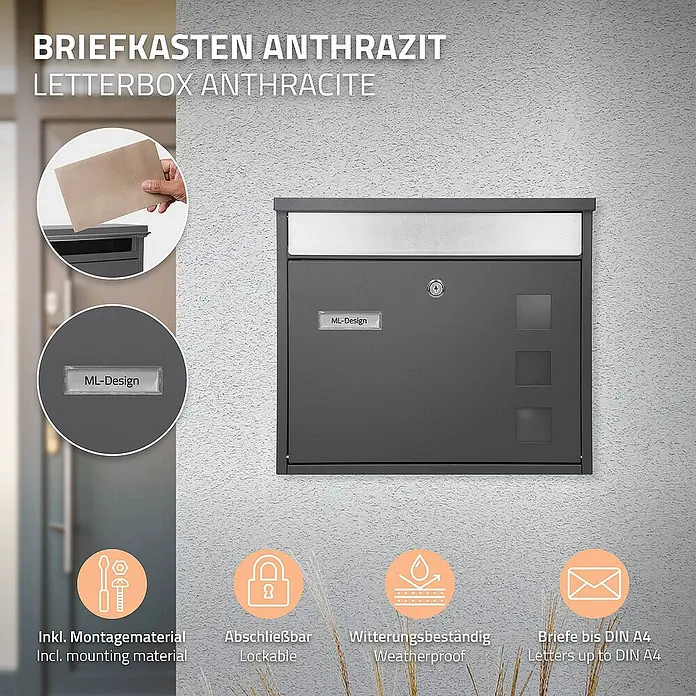 ML-Design Standbriefkasten Briefkastenanlage mit Ständer Anthrazit 120cm Mailbox mit Pfosten - L x B x H: 18 x 42,5 x 120 cm, Anthrazit, Edelstahl - Anthrazitfarbener Briefkasten mit Montagematerial, abschließbar und wetterbeständig, geeignet für Briefe bis DIN A4.