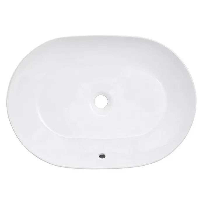 SCHÖNER WOHNEN-Kollektion Aufsatzwaschbecken Sati 60 cm x 42 cm Weiß - 42 x 60 cm, Ohne Spezialglasur, Hahnloch: Ohne, Mit Überlauf, Weiß - Aufsicht auf ein ovales, glänzend weißes Waschbecken mit einem Loch in der Mitte und einem Abflussloch.