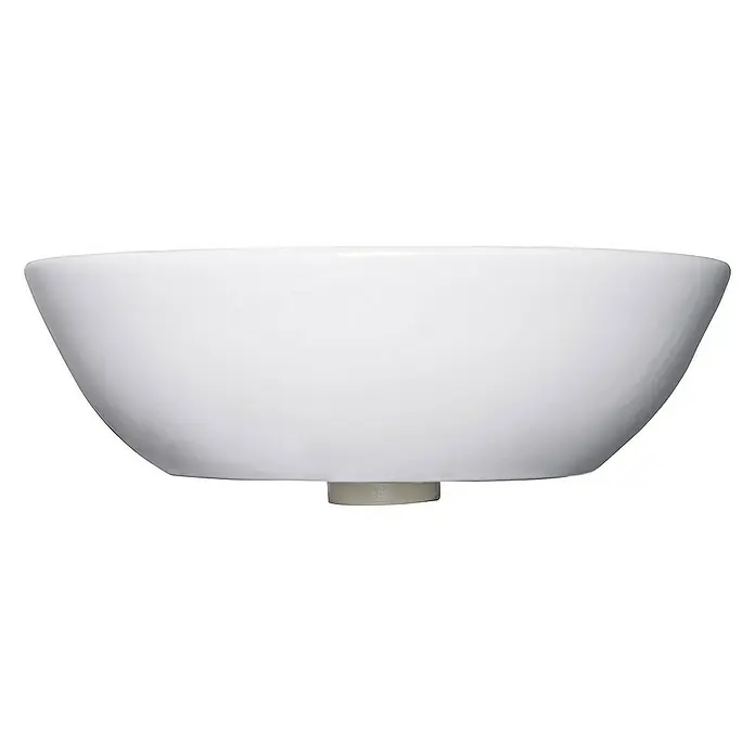 SCHÖNER WOHNEN-Kollektion Aufsatzwaschbecken Sati 60 cm x 42 cm Weiß - 42 x 60 cm, Ohne Spezialglasur, Hahnloch: Ohne, Mit Überlauf, Weiß - Nahaufnahme eines weißen, runden Waschbeckens mit glänzender Oberfläche und einem grauen Sockel.