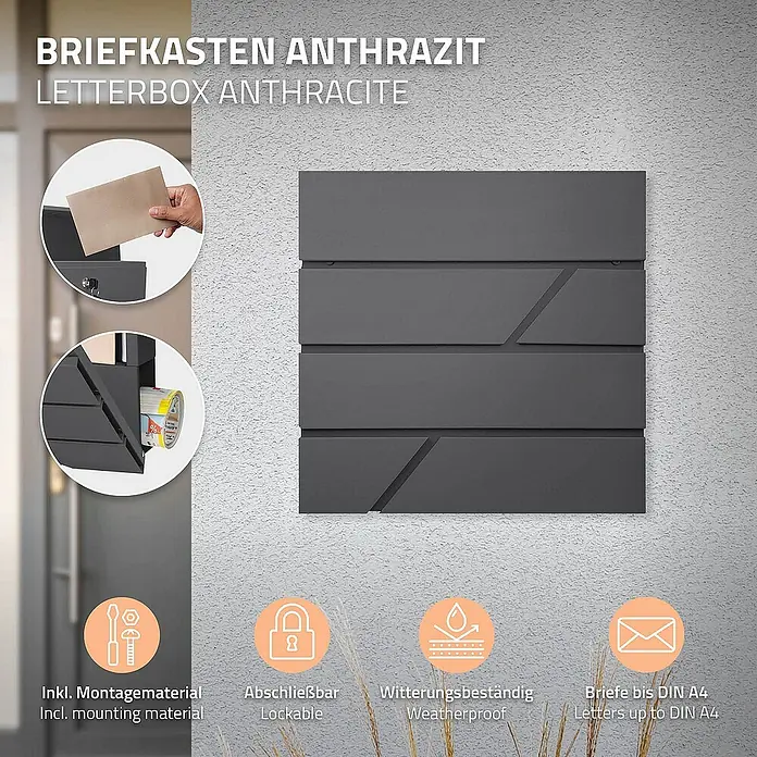 ML-Design Standbriefkasten Briefkastenanlage mit Ständer Silber 120cm Mailbox mit Pfosten - L x B x H: 17,5 x 55 x 120 cm, Anthrazit, Silber, Edelstahl - Bild eines anthrazitfarbenen Briefkastens mit Montagezubehör, abschließbar, wetterfest und geeignet für Briefe bis DIN A4.