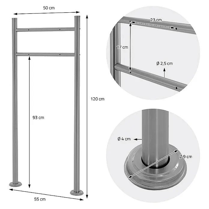 ML-Design Standbriefkasten Briefkastenanlage mit Ständer Silber 120cm Mailbox mit Pfosten - L x B x H: 17,5 x 55 x 120 cm, Anthrazit, Silber, Edelstahl - Detailansicht des Handtuchhalters mit Maßangaben zu Höhe, Breite, Durchmesser und Abständen der Stangen und Füße.
