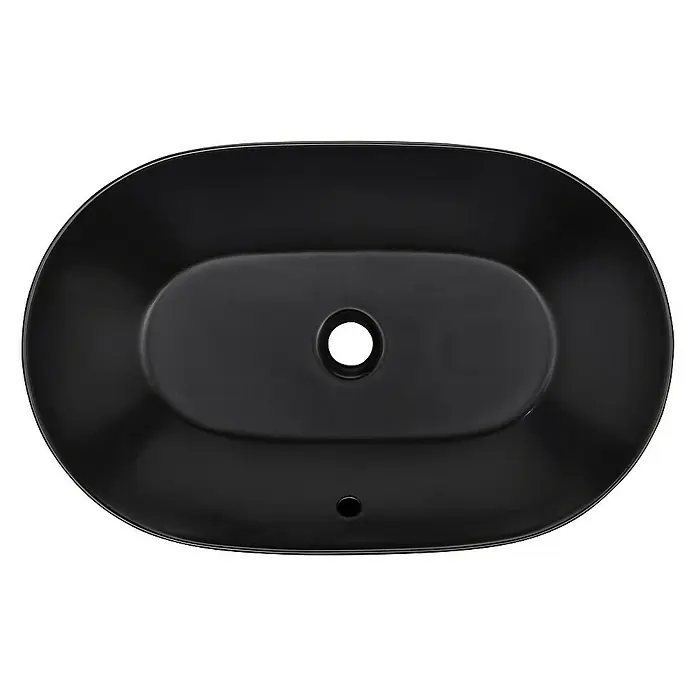 SCHÖNER WOHNEN-Kollektion Aufsatzwaschbecken Aufsatz-Waschbecken Sati 60 cm x 42 cm Mattschwarz - 42 x 60 cm, Ohne Spezialglasur, Hahnloch: Ohne, Mit Überlauf, Mattschwarz - Ein elegantes, ovales, schwarzes Waschbecken mit einem mittigen Ablaufloch und einem Überlaufloch. Ideal für moderne Badezimmer.