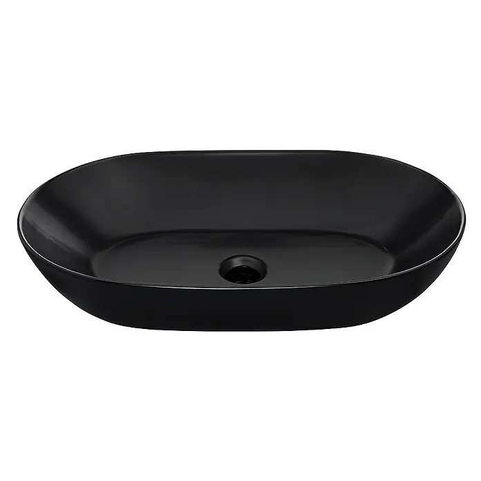 SCHÖNER WOHNEN-Kollektion Aufsatzwaschbecken Aufsatz-Waschbecken Sati 60 cm x 42 cm Mattschwarz - 42 x 60 cm, Ohne Spezialglasur, Hahnloch: Ohne, Mit Überlauf, Mattschwarz - Schwarzes, ovales Aufsatzwaschbecken mit glatter Oberfläche und mittigem Abfluss für moderne Badezimmer.