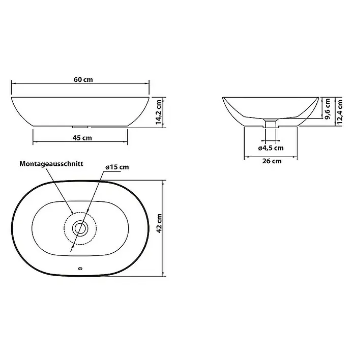 SCHÖNER WOHNEN-Kollektion Aufsatzwaschbecken Aufsatz-Waschbecken Sati 60 cm x 42 cm Mattschwarz - 42 x 60 cm, Ohne Spezialglasur, Hahnloch: Ohne, Mit Überlauf, Mattschwarz - Technische Zeichnung eines Aufsatzwaschbeckens mit Maßangaben für Installation und Abmessungen.