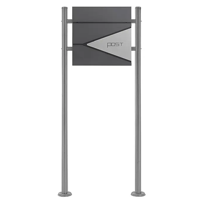 ML-Design Standbriefkasten Briefkastenanlage mit Ständer Silber 120cm Mailbox mit Pfosten - L x B x H: 17,5 x 55 x 120 cm, Anthrazit, Silber, Edelstahl - Bild einer modernen Briefkastenanlage in Grau mit Edelstahlsäulen, die ein elegantes und zeitgemäßes Design für den Eingangsbereich bietet.