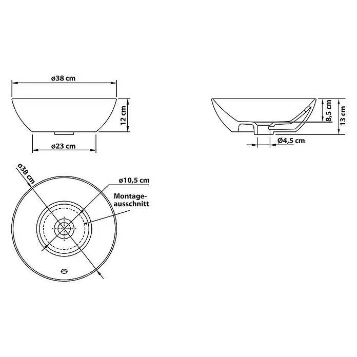 SCHÖNER WOHNEN-Kollektion Aufsatzwaschbecken Aufsatz-Waschbecken Beco 38 cm Weiß - 38 x 38 cm, Ohne Spezialglasur, Hahnloch: Ohne, Mit Überlauf, Weiß - Technische Zeichnung eines runden Waschbeckens mit Angaben zu Durchmesser (38cm), Höhe (12cm/13cm) und Montageausschnitt (10,5cm).