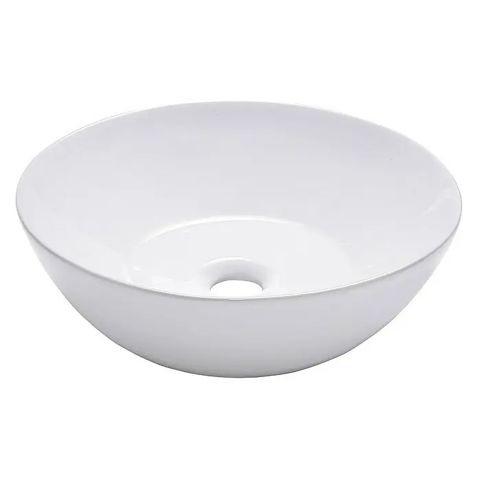 SCHÖNER WOHNEN-Kollektion Aufsatzwaschbecken Aufsatz-Waschbecken Beco 38 cm Weiß - 38 x 38 cm, Ohne Spezialglasur, Hahnloch: Ohne, Mit Überlauf, Weiß - Nahaufnahme eines weißen, runden Aufsatzwaschbeckens mit einem Loch in der Mitte, das die saubere und moderne Ästhetik des Waschbeckens hervorhebt.