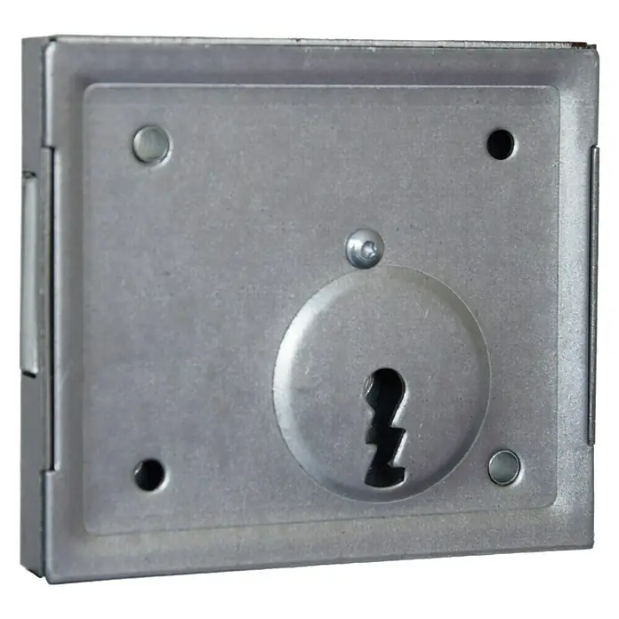 Stabilit Kasten-Riegelschloss - Zimmertür, Universell einsetzbar, Buntbartschloss - Nahaufnahme eines Möbelschlosses aus Metall mit Schlüsselloch und Befestigungsschrauben.