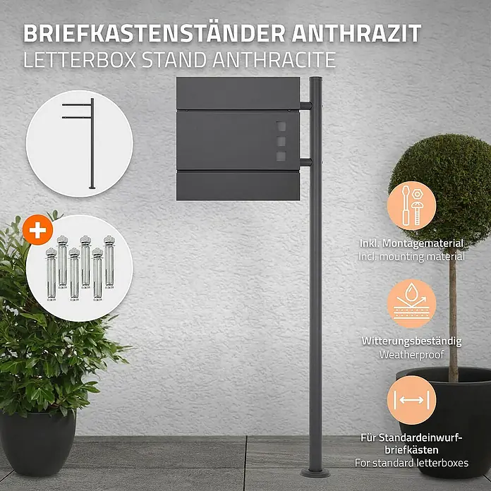 ML-Design Standbriefkasten Anthrazit rund Höhe 120 cm Freistehend Halterung für Briefkasten - L x B x H: 9 x 42,5 x 120 cm, Anthrazit, Edelstahl - Anthrazitfarbener Briefkastenständer mit Zubehör und wetterfesten Eigenschaften für Standardbriefkästen.