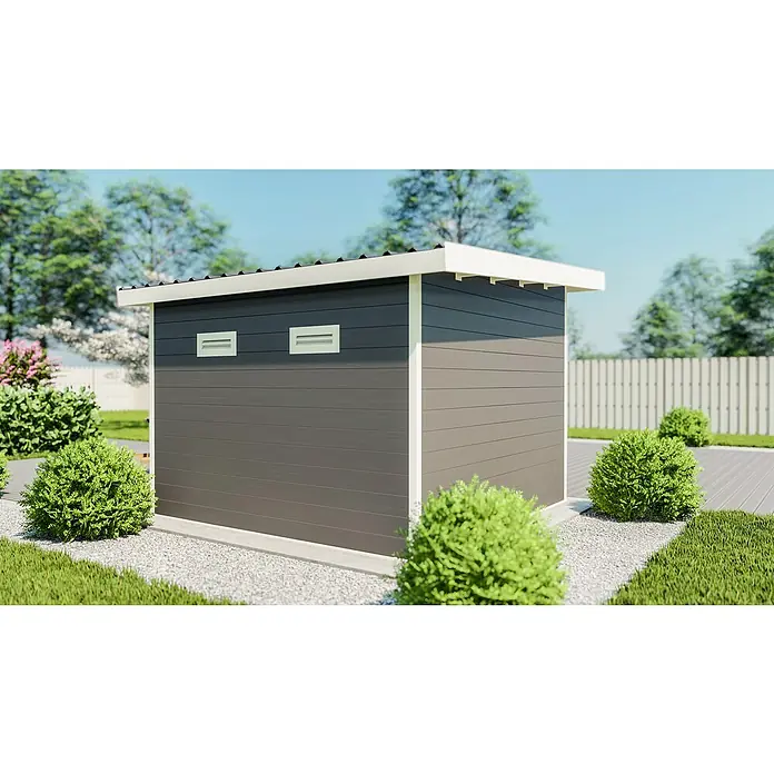 Elephant Gerätehaus - Außenmaß inkl. Dachüberstand (B x T): 344 x 344 cm, Verbundwerkstoff, Anthrazit/Weiß - Ansicht eines modernen, grauen Gartenschuppens mit weißem Rahmen und guter Belüftung, umgeben von grünen Sträuchern und Kies.