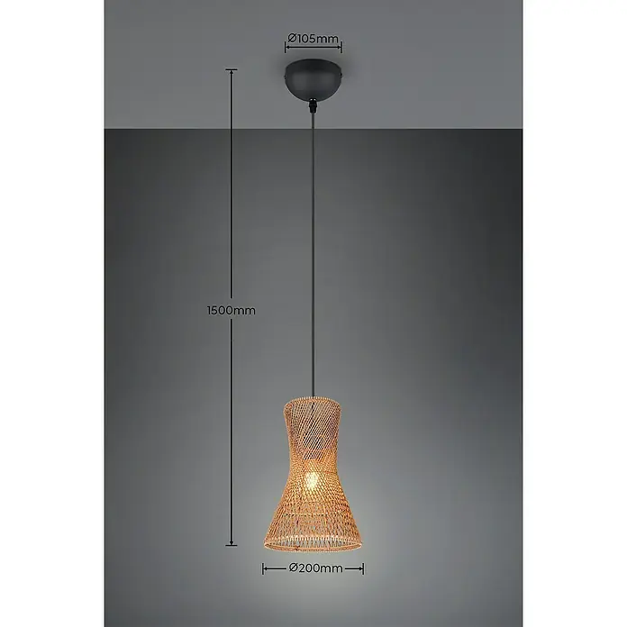 Trio Lighting Lámpara colgante Bijou - 10 W, L x An x Al: 20 x 20 x 150 cm, Marrón, E27, 1 ud. - Una lámpara colgante de mimbre en esta foto, con dimensiones de 1500 mm de altura y 200 mm de diámetro.