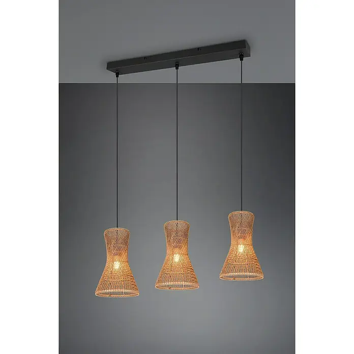 Trio Lighting Lámpara colgante Bijou - 30 W, L x An x Al: 20 x 75 x 150 cm, Marrón, E27, 3 ud. - Una lámpara colgante de ratán de tres luces con un elegante dosel de techo oscuro, que irradia elegancia moderna y crea un ambiente cálido.