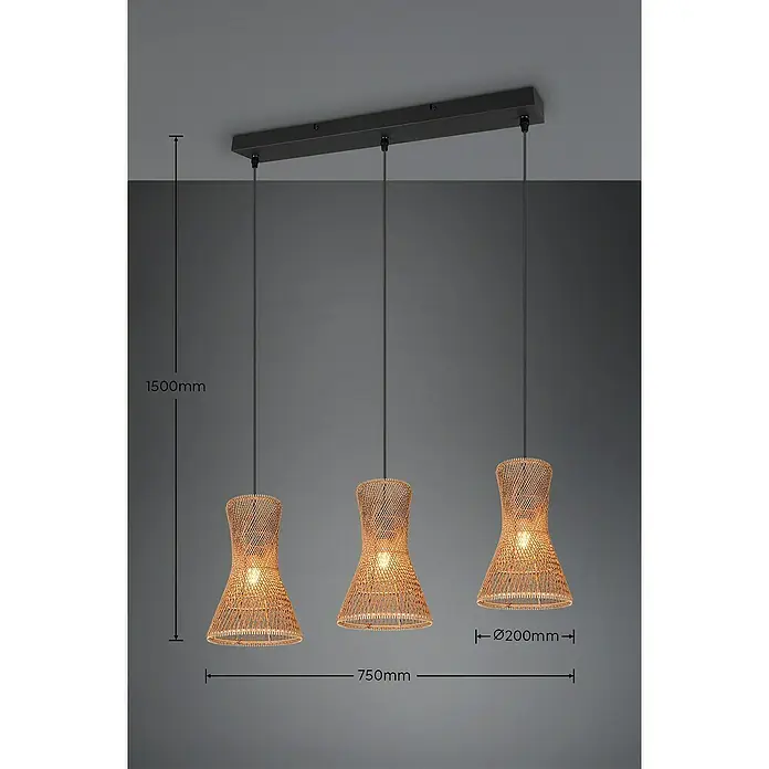Trio Lighting Lámpara colgante Bijou - 30 W, L x An x Al: 20 x 75 x 150 cm, Marrón, E27, 3 ud. - Lámpara colgante con tres pantallas de ratán que emiten un brillo cálido. Su diseño moderno complementa varios estilos de interiorismo.