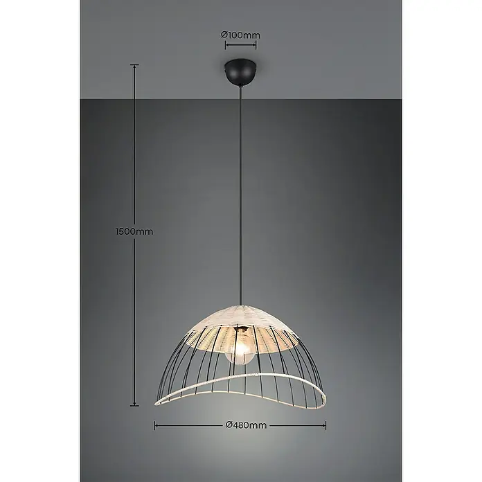 Trio Lighting Lámpara colgante redonda Sandrine - 28 W, Ø x Al: 48 x 150 cm, Negro, E27 - Lámpara colgante con pantalla de tejido claro y elementos metálicos negros, ideal para una iluminación cálida.