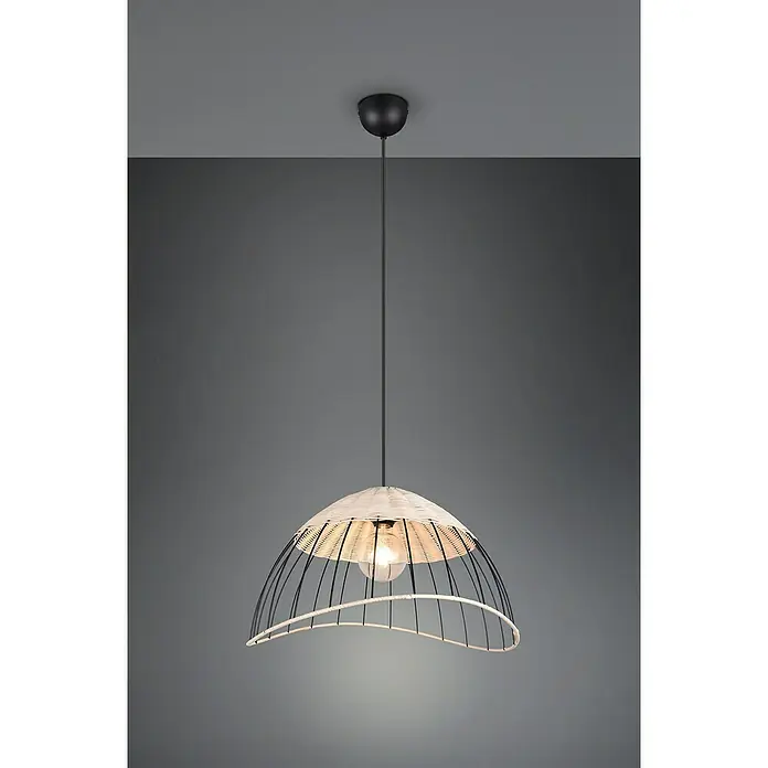 Trio Lighting Lámpara colgante redonda Sandrine - 28 W, Ø x Al: 48 x 150 cm, Negro, E27 - Lámpara colgante con pantalla de mimbre y elegante estructura metálica negra, ideal para una iluminación con estilo.
