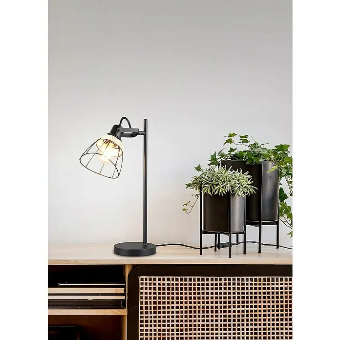 Trio Lighting Lámpara de sobremesa redonda Jerome - 10 W, Ø x Al: 16 x 50 cm, Negro, E27 - La lámpara de escritorio negra con pantalla de alambre y el arreglo de plantas añaden un toque elegante a la habitación.