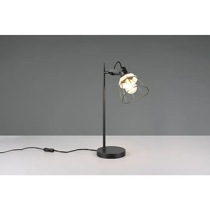 Trio Lighting Lámpara de sobremesa redonda Jerome - 10 W, Ø x Al: 16 x 50 cm, Negro, E27 - Primer plano de una elegante lámpara de mesa negra con una pantalla en forma de jaula, que emite una luz cálida que añade un toque moderno.