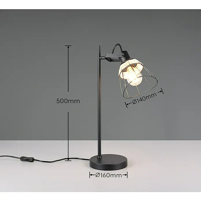 Trio Lighting Lámpara de sobremesa redonda Jerome - 10 W, Ø x Al: 16 x 50 cm, Negro, E27 - Imagen de una lámpara de escritorio negra con pantalla de alambre sobre una mesa blanca, con medidas.