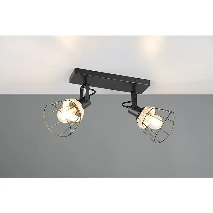 Trio Lighting Regleta Jerome - 20 W, L x An x Al: 20,7 x 36 x 27,5 cm, Negro, E27 - Lámpara de techo negra con dos focos de diseño industrial. Las pantallas tienen una jaula decorativa, creando una iluminación ambiental.