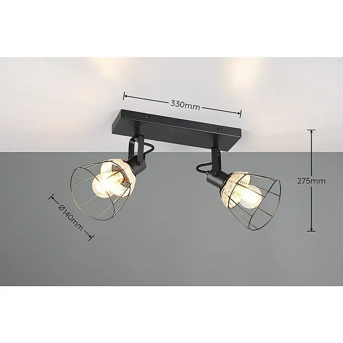 Trio Lighting Regleta Jerome - 20 W, L x An x Al: 20,7 x 36 x 27,5 cm, Negro, E27 - Esta imagen muestra una lámpara de techo negra y moderna con dos focos ajustables, completa con detalles decorativos de jaula.