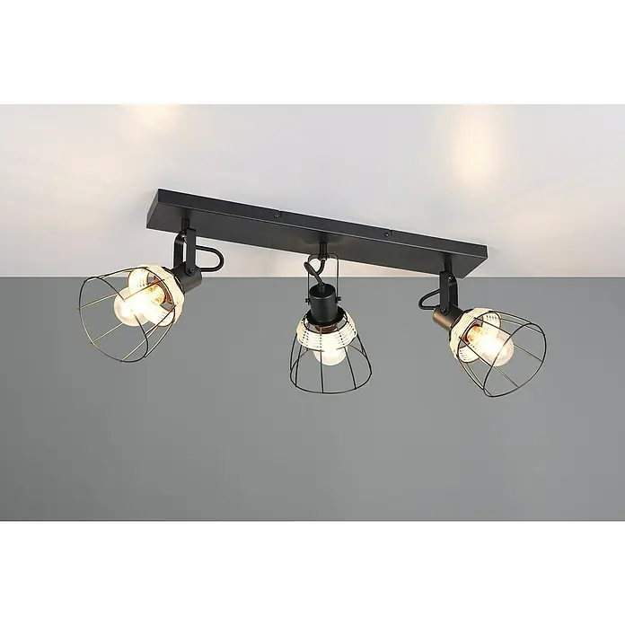 Trio Lighting Regleta Jerome - 30 W, L x An x Al: 20,7 x 62 x 27,5 cm, Negro, E27 - Lámpara de techo moderna de tres luces con jaulas metálicas negras para un ambiente elegante. La lámpara proporciona una iluminación agradable.