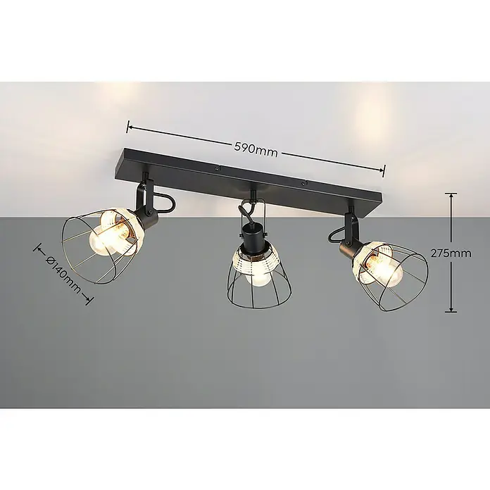 Trio Lighting Regleta Jerome - 30 W, L x An x Al: 20,7 x 62 x 27,5 cm, Negro, E27 - Lámpara de techo con tres focos de estilo industrial, jaulas metálicas negras, dimensiones: 590 mm de ancho, 275 mm de alto.