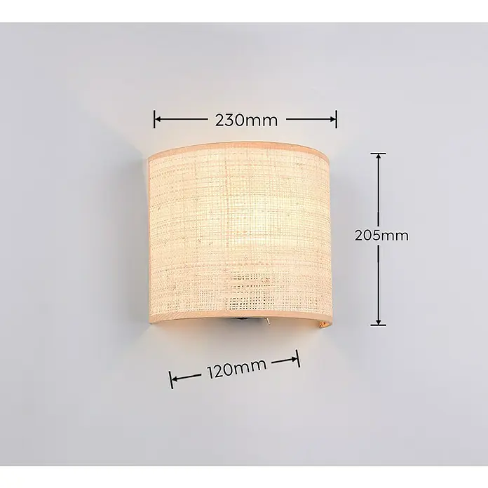Trio Lighting Aplique de pared Aimee - 10 W, L x An x Al: 12 x 23 x 20,5 cm, Beige, E27 - Primer plano de una lámpara de pared que mide 230 mm de ancho, 205 mm de alto y 120 mm de profundidad.