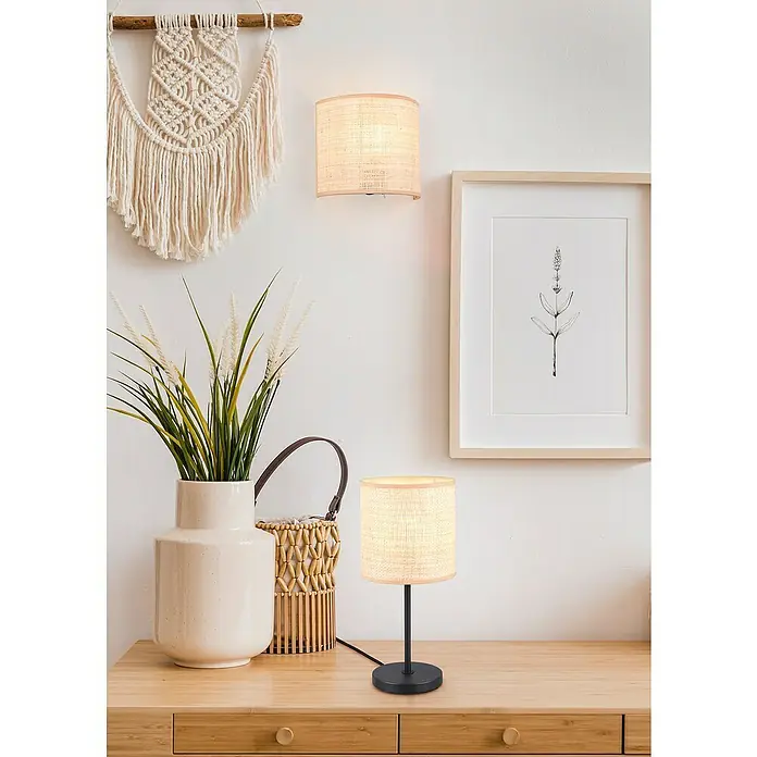 Trio Lighting Aplique de pared Aimee - 10 W, L x An x Al: 12 x 23 x 20,5 cm, Beige, E27 - Lámpara de mesa ambiental con pantalla beige y base negra, ideal para mesitas de noche o iluminación de acento.