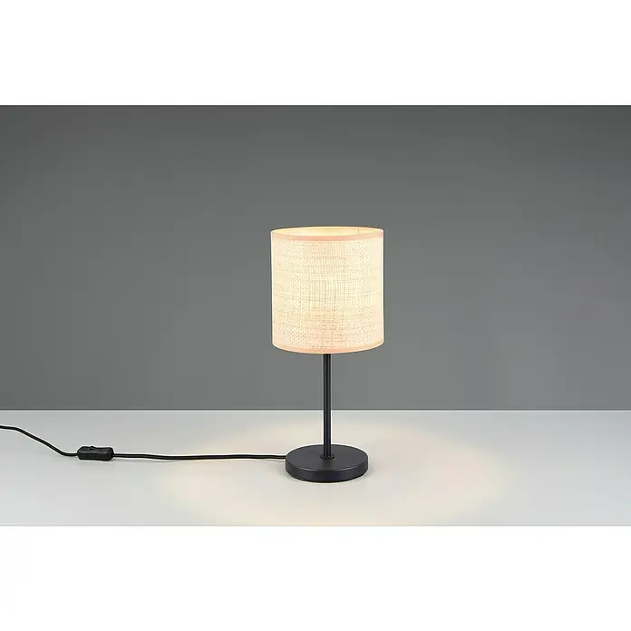 Trio Lighting Lámpara de sobremesa redonda Aimee - 10 W, Ø x Al: 17 x 37 cm, Beige, E27 - Elegante lámpara de mesa con pantalla cilíndrica de tela clara y base de metal negro elegante.