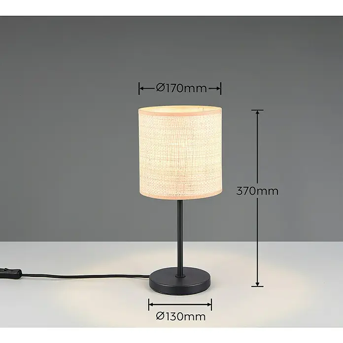 Trio Lighting Lámpara de sobremesa redonda Aimee - 10 W, Ø x Al: 17 x 37 cm, Beige, E27 - Imagen de una lámpara de noche con pantalla de tela beige y una elegante base negra.