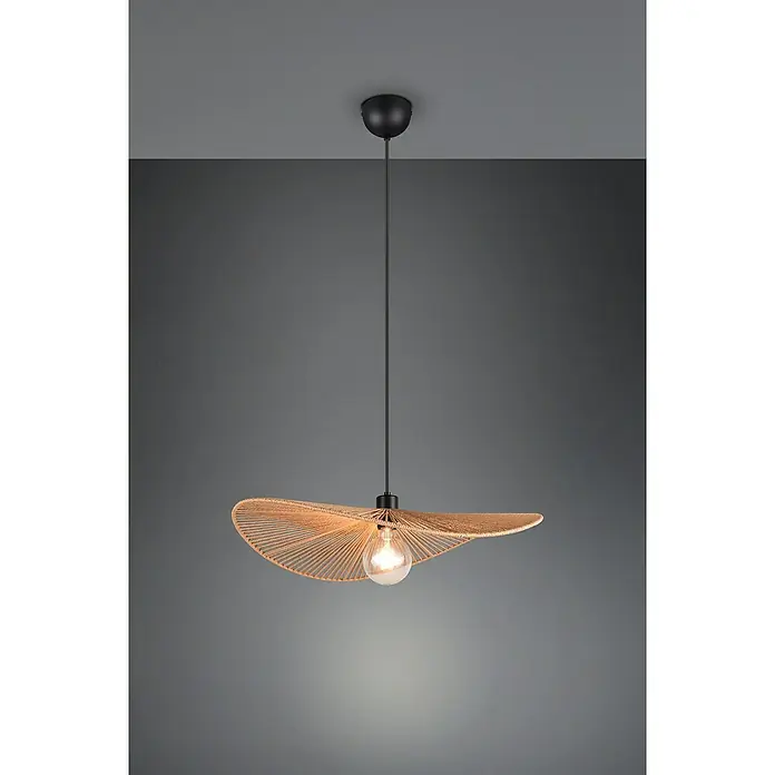 Trio Lighting Lámpara colgante redonda Laurine - 40 W, Ø x Al: 58 x 150 cm, Marrón, E17 - Elegante lámpara colgante con pantalla de cuerda en forma de sombrero y una bombilla que emite luz cálida.