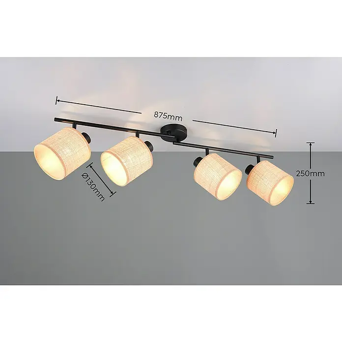 Trio Lighting Regleta Aimee - 20 W, L x An x Al: 13 x 87,5 x 25 cm, Beige, E14 - Lámpara de techo con cuatro focos. Los focos tienen un diámetro de 130 mm y una altura de 250 mm. La lámpara mide 875 mm de largo.