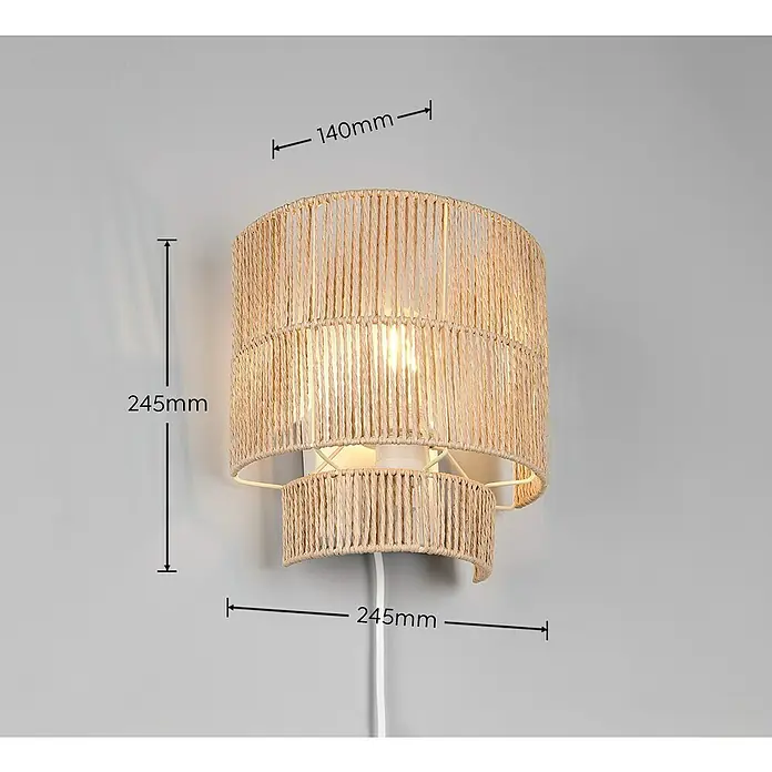 Trio Lighting Aplique de pared Satna - 25 W, L x An x Al: 14 x 24,5 x 24,5 cm, Marrón, E27 - Lámpara de pared de fibra natural con pantalla cilíndrica, ideal para interiores acogedores. Su luz cálida crea un ambiente relajante.